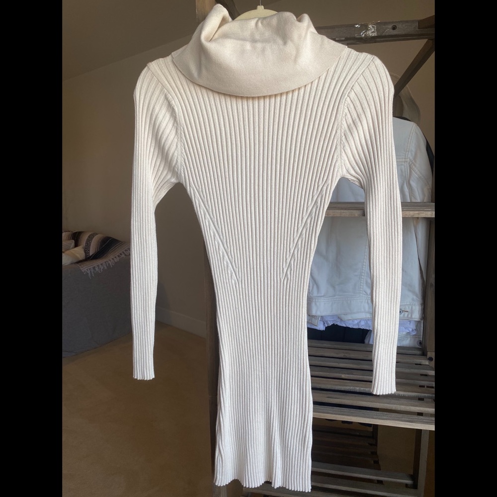 Tight off-white ribbed cowl neck sweater dress